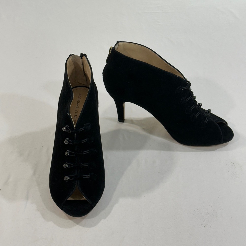 Adrienne Vittadini AV-Gordie Black Suede Peep Toe Booties Women 8M Kitten Heel